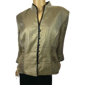 J.R. Nites by Carol Lin Sz 14 Brown Metallic Top Blouse 3/4 Sleeve Button Front